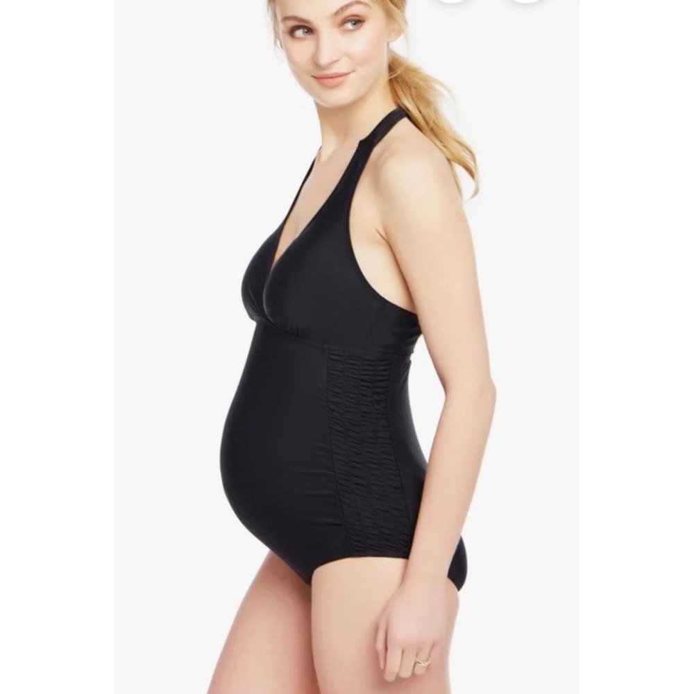 Motherhood Maternity Halter One Piece Bathing Suit Size M Black Smocked Sides